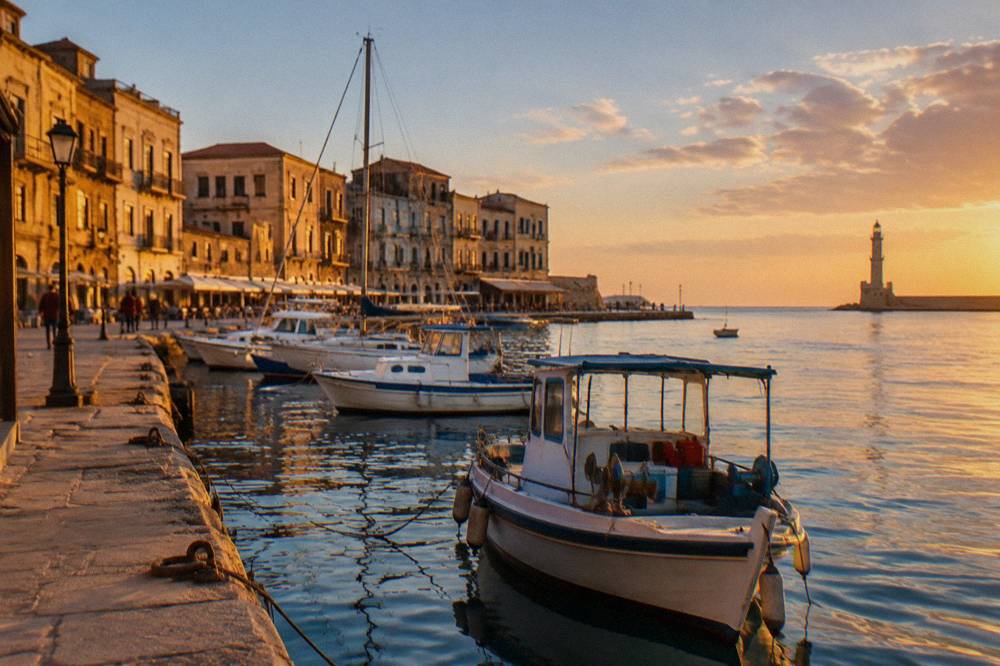 The Venetian harbour of Chania in golden light with moored boats and a lighthouse at the end of the breakwater
