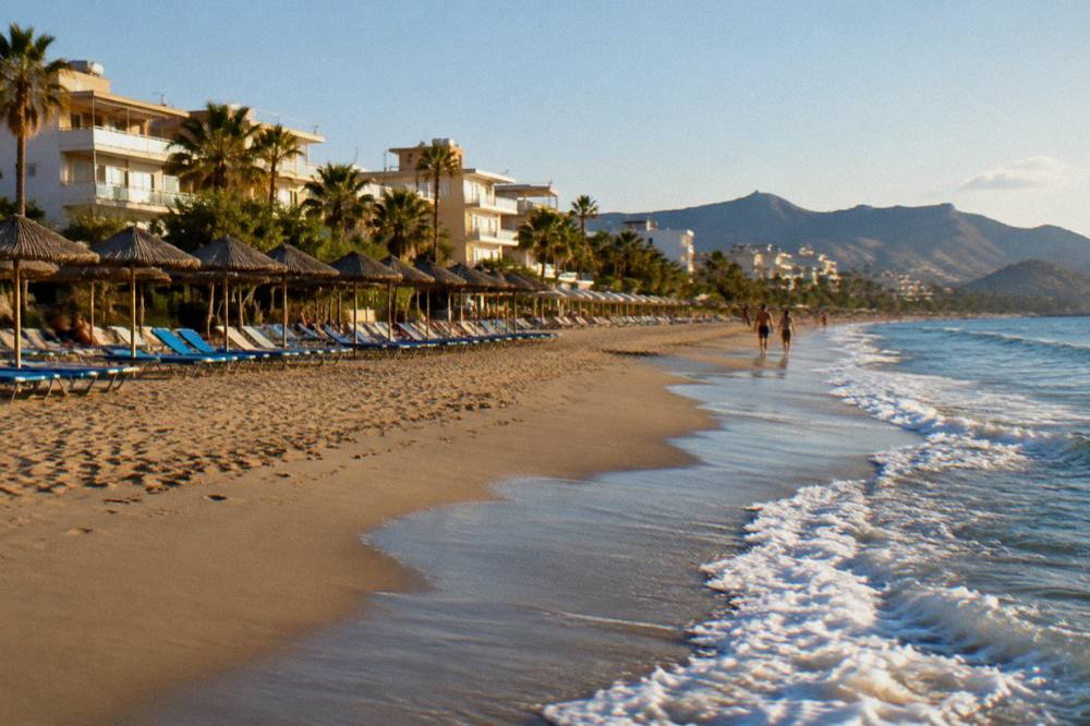 A long sandy beach with sunbeds and apartment buildings behind palms at Agia Marina near Chania