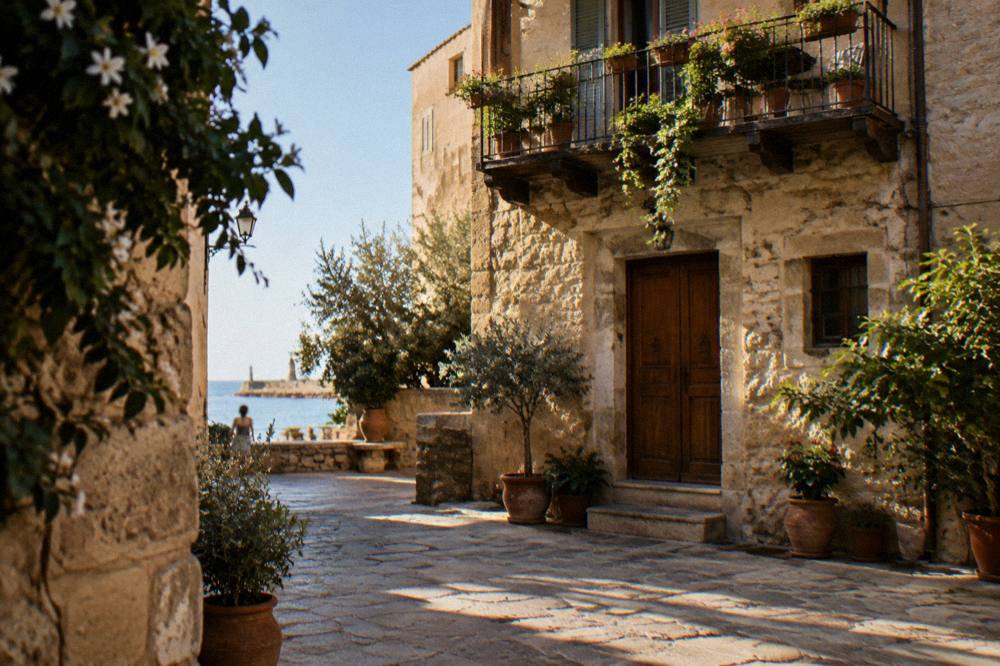 A small stone courtyard with a wooden door and a balcony with plants in the old town of Chania