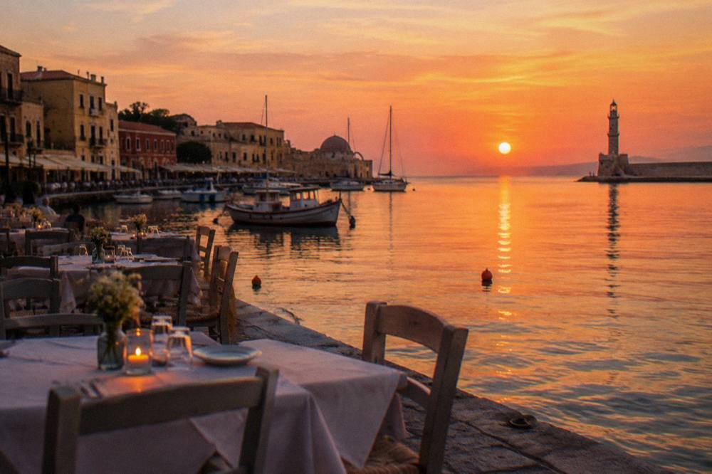 Tables set along the harbour front of Chania with the water and boats beyond at dusk
