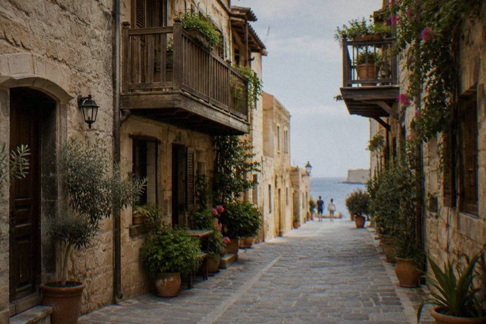 Narrow stone lane in Chania Old Town with wooden balconies and potted plants
