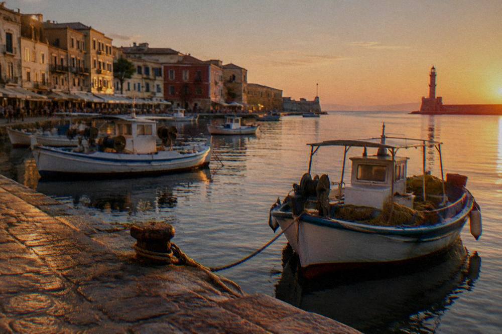 Fishing boats and calm water in Chania harbour at first light