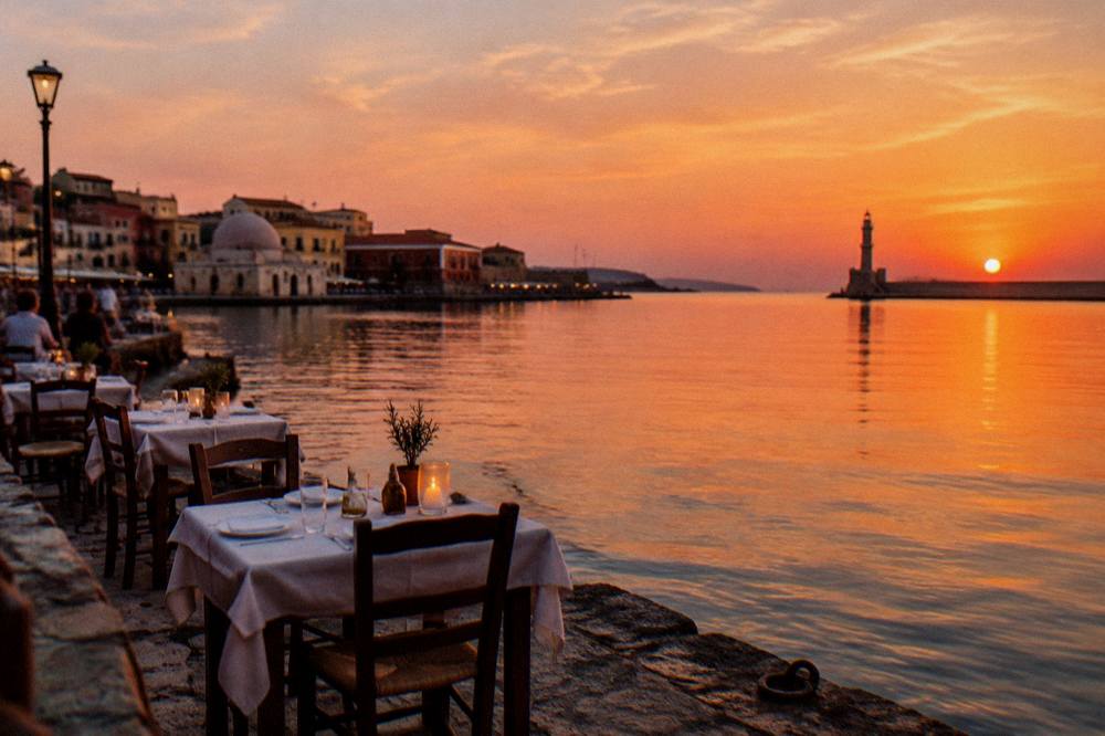 Tables set along a stone quay beside the water in Chania at dusk