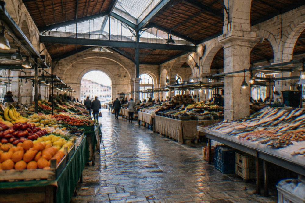 The covered Municipal Market of Chania with stalls of fruit, olives and fish under a cross-shaped roof