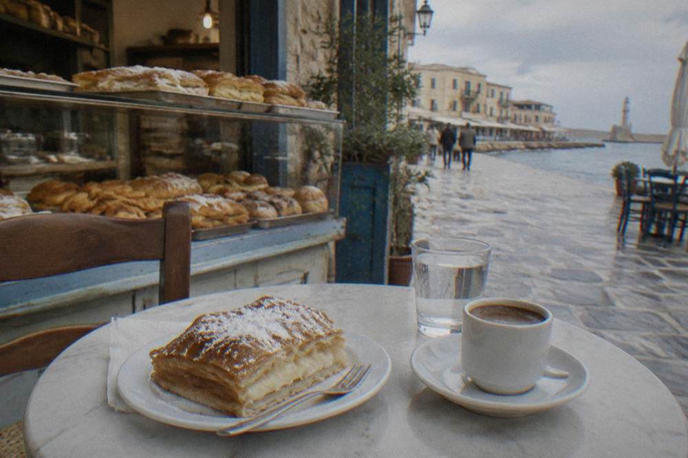 Bougatsa and Greek coffee served on a small table in a Chania bakery