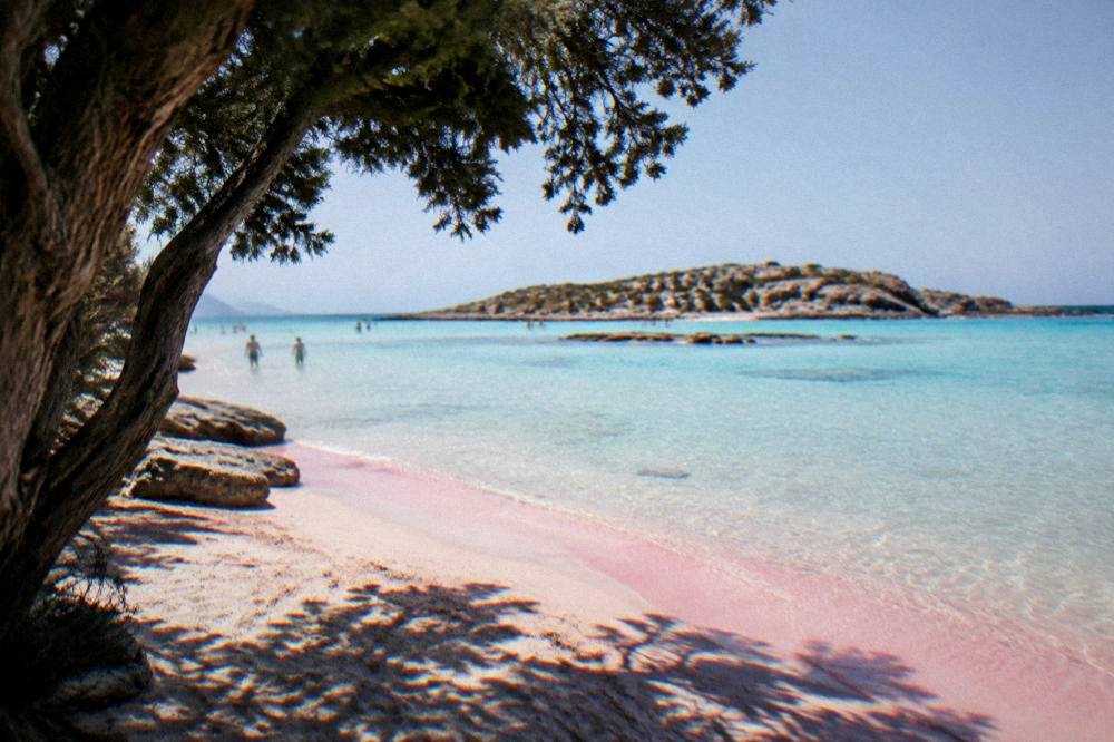 The pink sand and shallow turquoise water of Elafonisi beach with a small island behind
