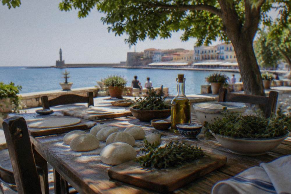 Cretan cooking class table with dough, olive oil and fresh herbs laid out for preparation