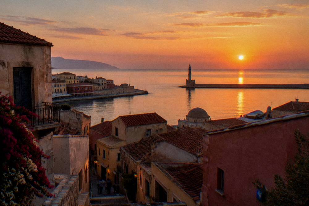 Evening light over the rooftops of Chania Old Town with the sea beyond