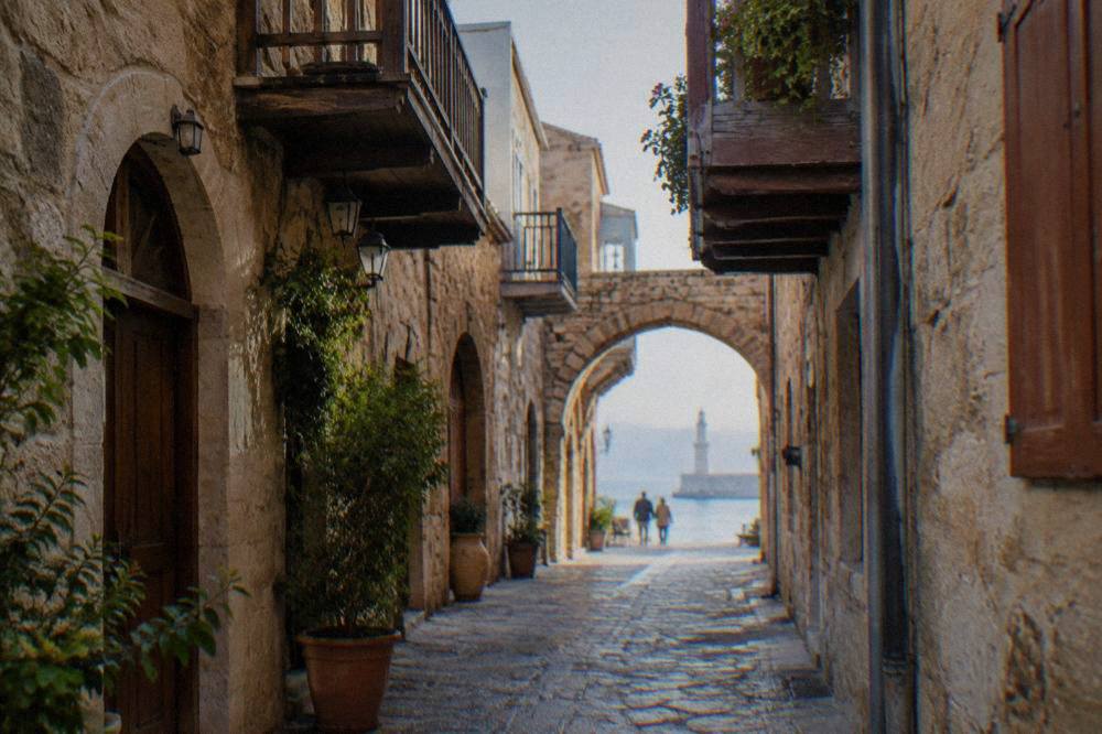 A narrow lane in Chania Old Town with stone arches and wooden balconies