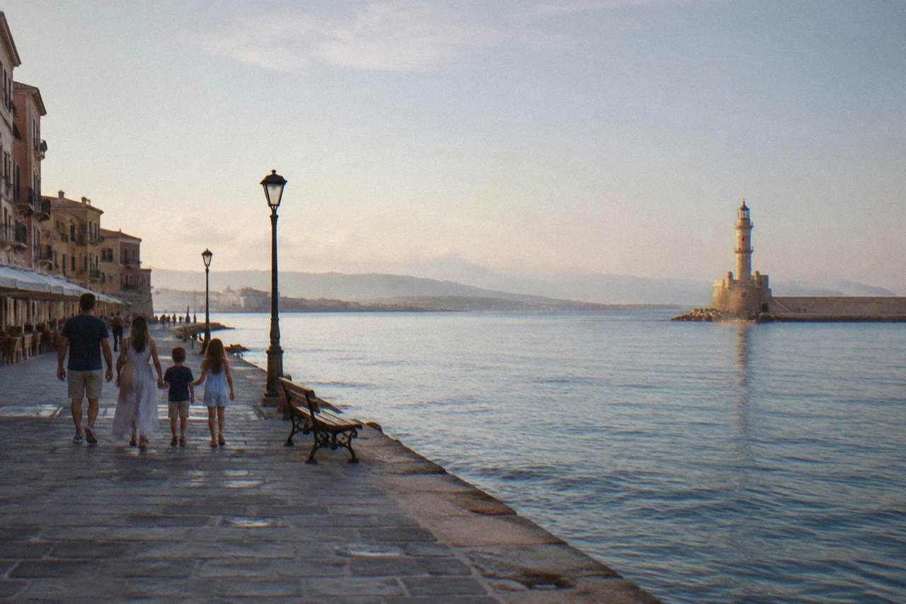 A family walking along the Venetian Harbour waterfront in Chania with the lighthouse in the distance