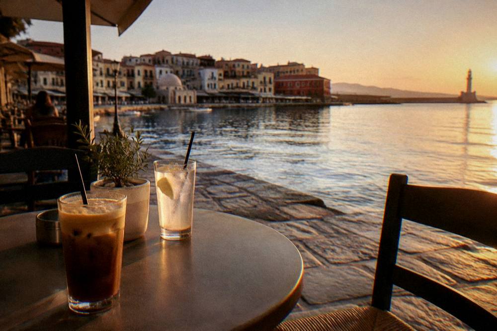 A shaded cafe table with cold drinks beside the harbour in Chania