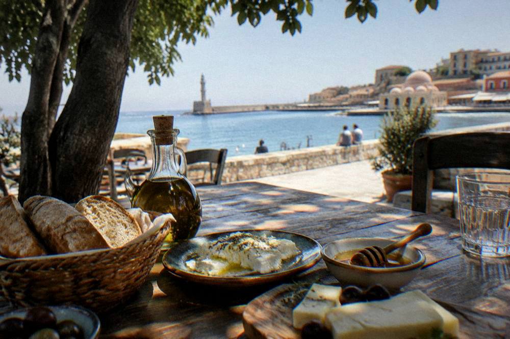 A wooden table set with olive oil, bread, cheese and honey for a Cretan tasting