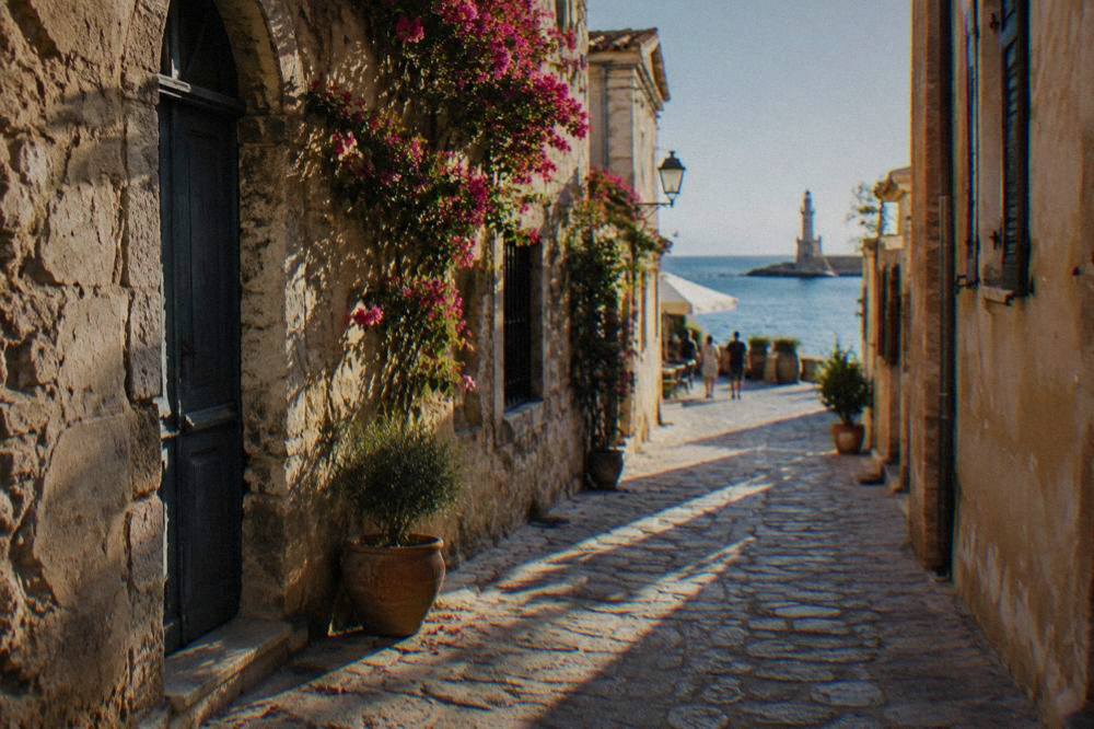 Narrow stone streets and old buildings in the Old Town of Chania